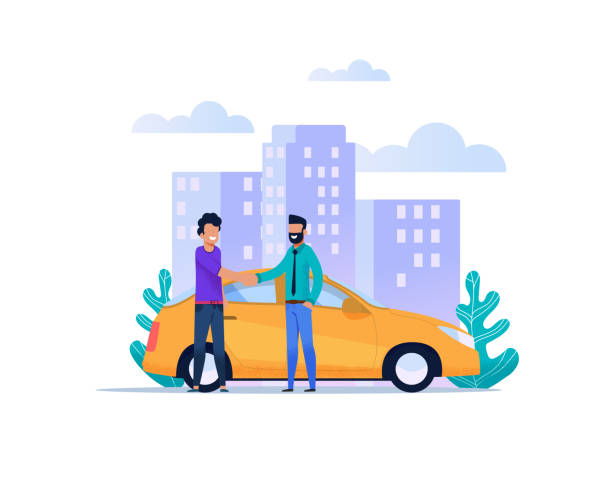 Yellow City Taxi Catching Service. Modern Flat Illustration. Two Man Character Meet and Greeting Hand each other. Urban Cityscape. Carpooling Journey Transportation Flyer. Business Trip Online.